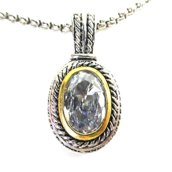 Two Tone Silver Gold Oval Rhinestone Pendant Twist Rope On Chain Necklace Magnet - Picture 1 of 11